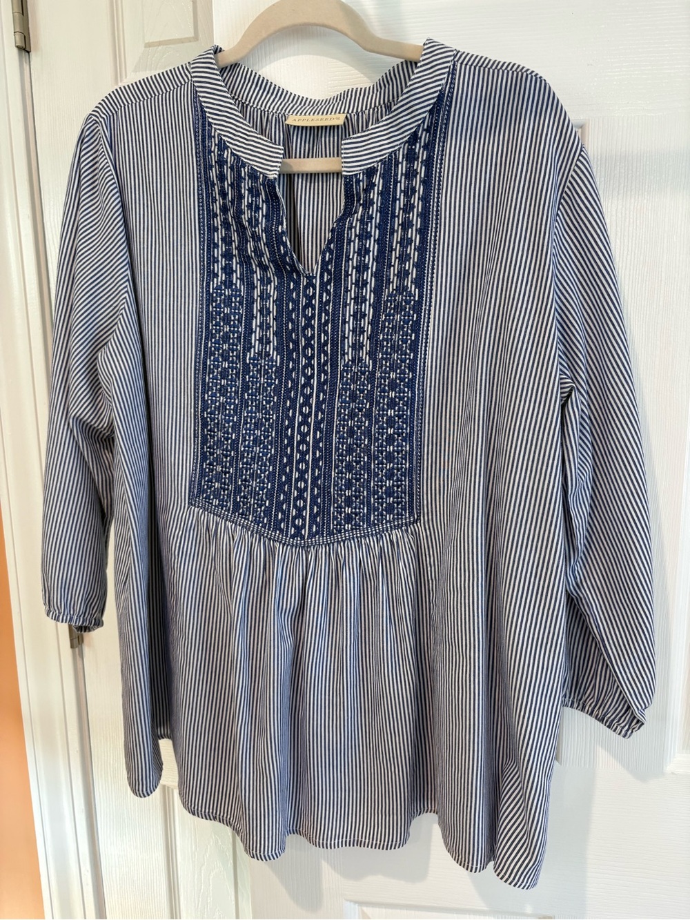 Appleseed's Navy & White Striped Embroidered Peasant Tunic